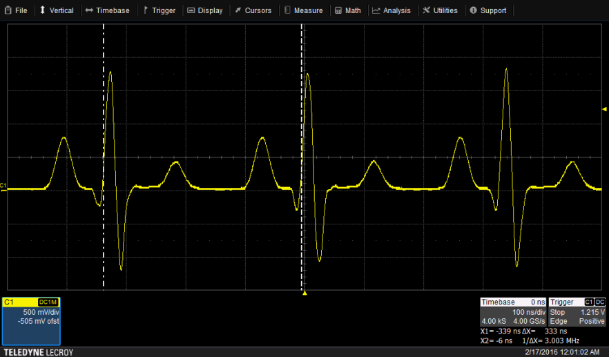 Abbildung 2 – Die Wiederholrate des Signals ist 3 MHz – deltaX = 333 ns, 1/deltaX = 3.003 MHz.