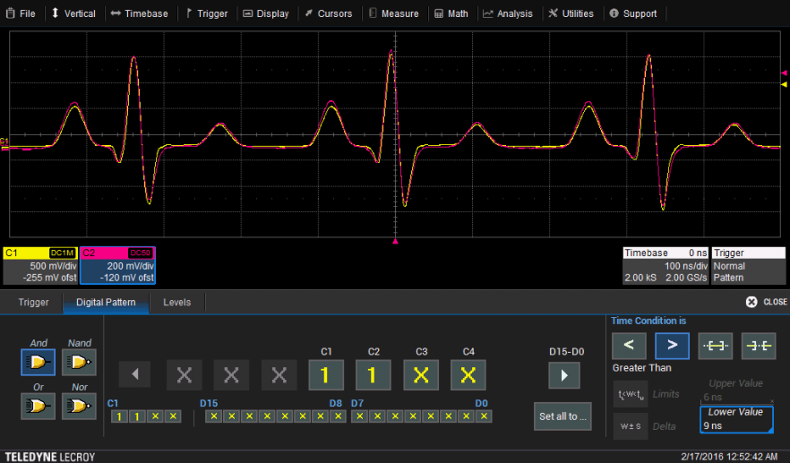 Abbildung 9 – Mit einem Pattern-Trigger C1=1, C2=1 wurde erreicht, dass das Signal stabil triggert.