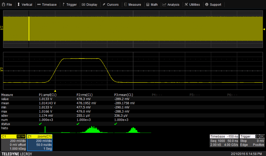 Abbildung 3 – Datenerfassung im Sequence-Mode mit 1000 Segmenten und der Auswertung von 1000 Perdioden
