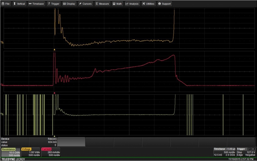 Figure 3 - Dynamic on-resistance test measures resistance to the current when the device is turned on. Note that because the saturation voltage waveform is off the screen during the non-saturation portion of the circuit, the math-generated resistance waveform should be ignored during this time.